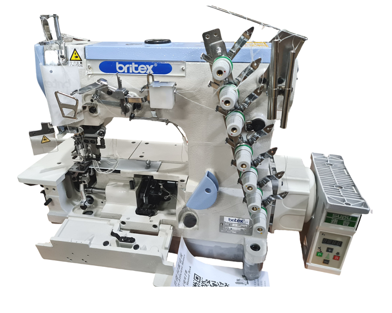 High Speed Direct Drive Flat bed interlock sewing machine with for attaching pocket facing - Brand: Britex, Model: BR-500D-07K.
